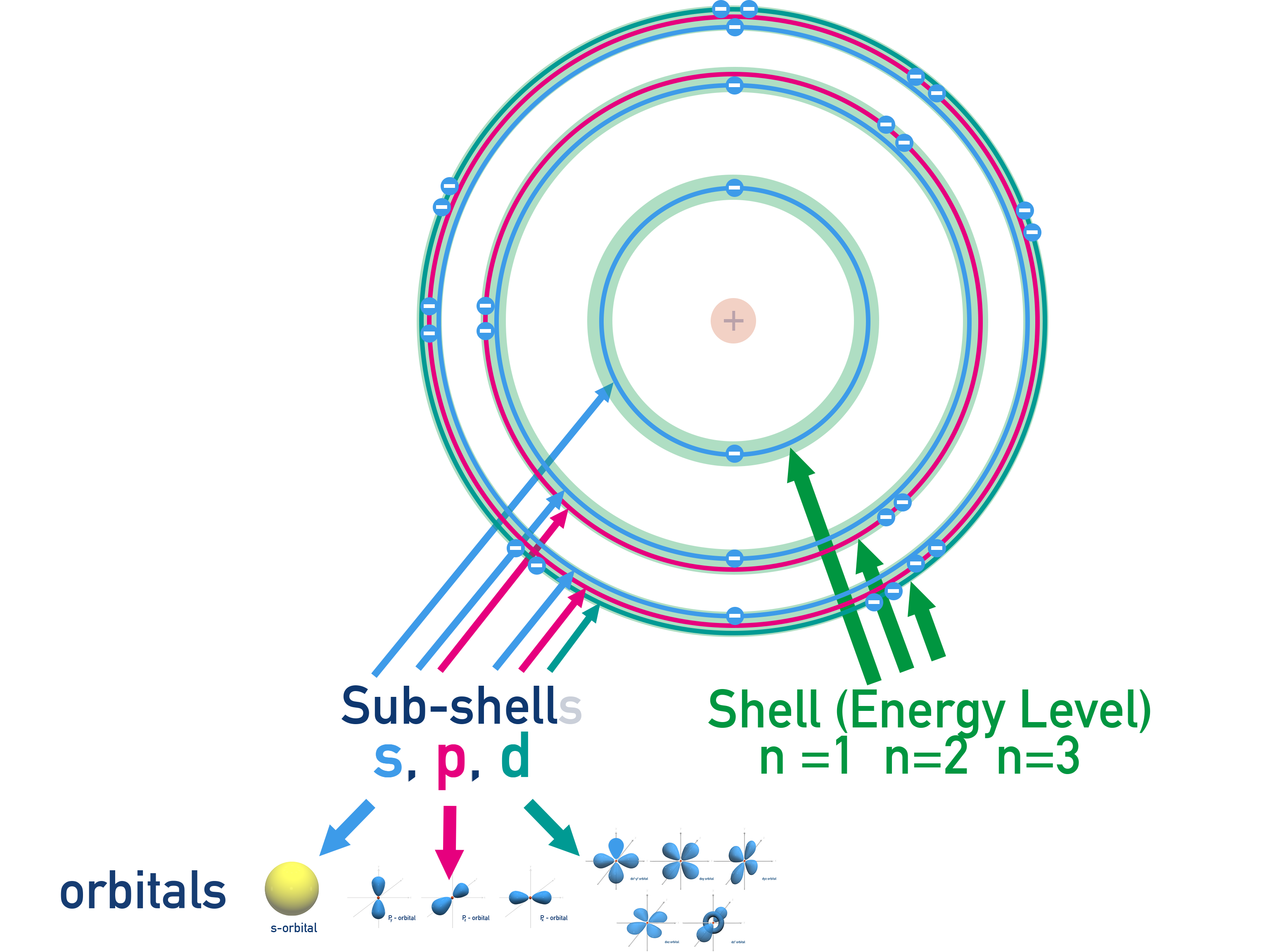 AP Chemistry diagram showing shells (n = 1, 2, 3), subshells s, p, d, and their orbitals.