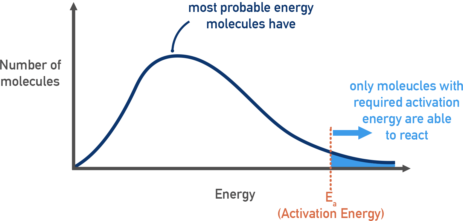 AP Chemistry Maxwell–Boltzmann curve showing number of molecules versus energy with activation energy threshold highlighted.