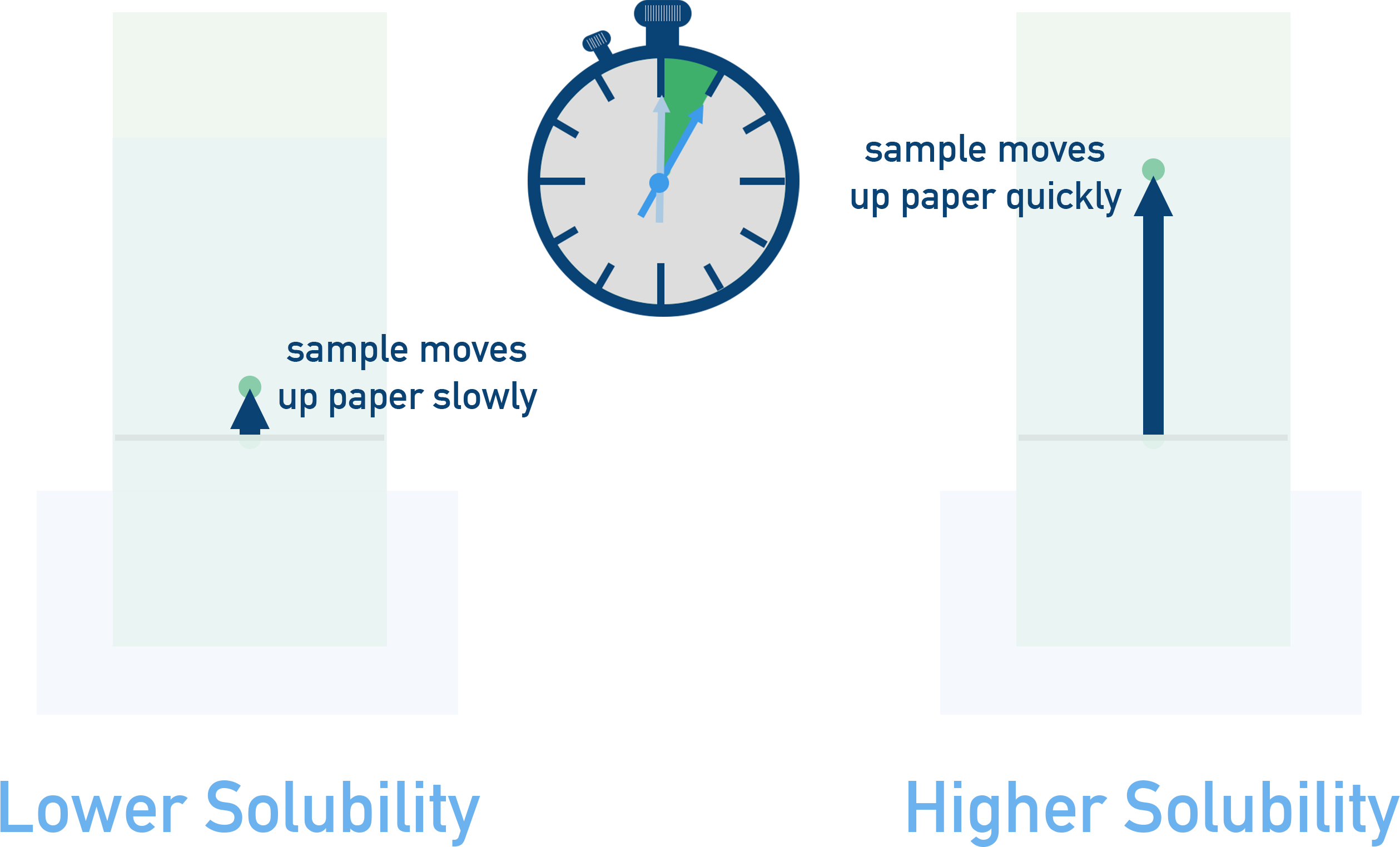 AP Chemistry comparison showing lower vs higher solubility causing slower or faster travel up the plate.