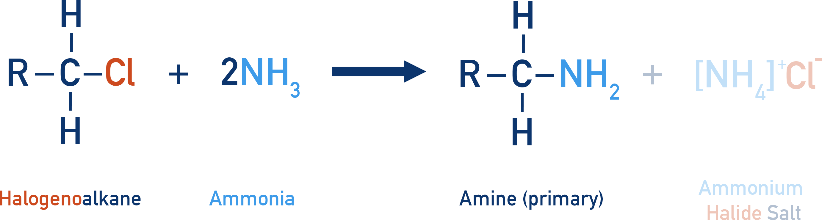 AQA A-Level Chemistry overview of halogenoalkane reacting with ammonia to give a primary amine and ammonium halide