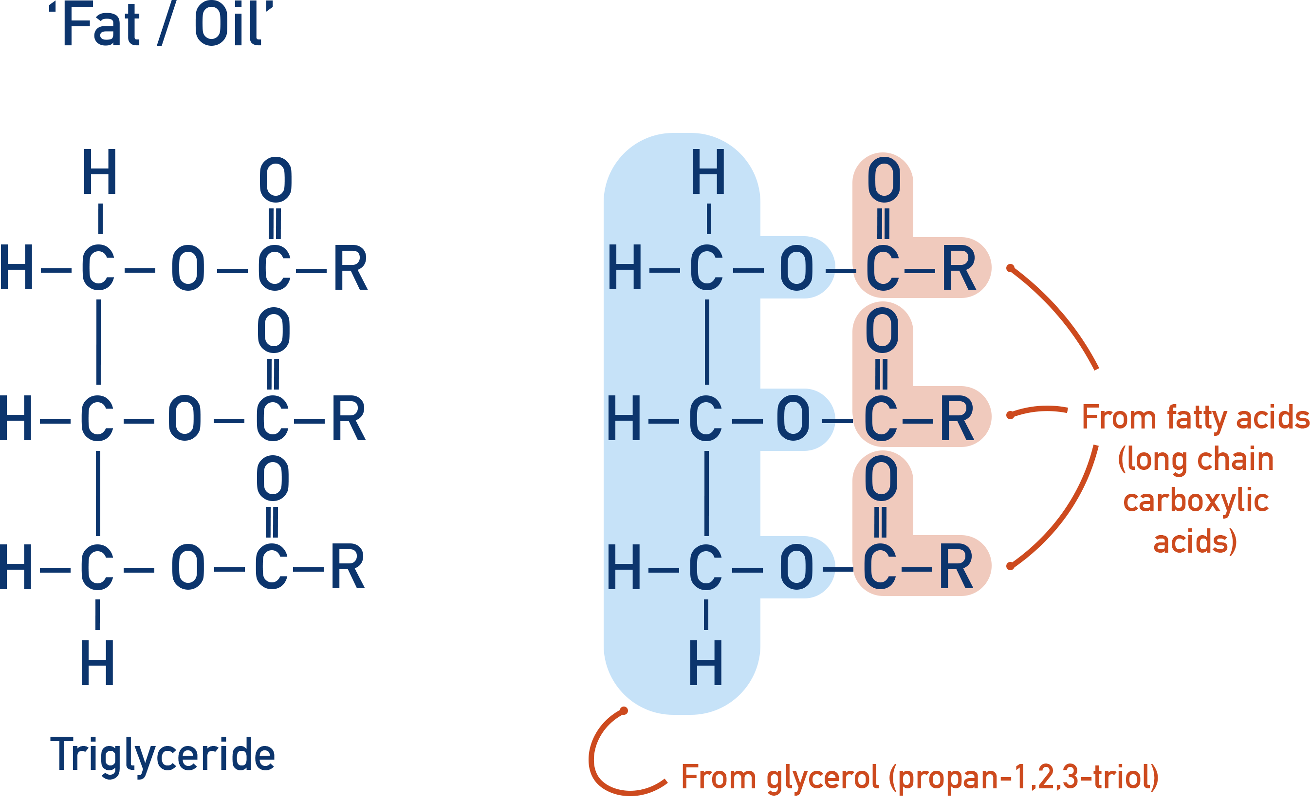 AQA A-Level Chemistry structure diagram of a triglyceride showing three ester linkages to glycerol