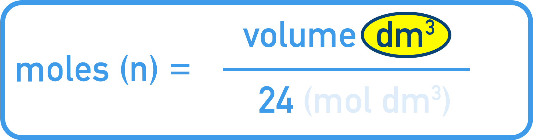 CIE A-Level Chemistry formula triangle showing n = V ÷ 24 for gases in dm³.