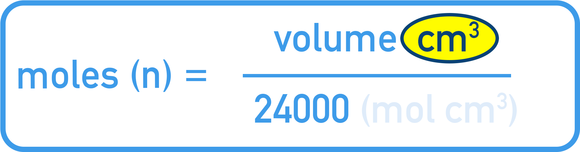 CIE A-Level Chemistry formula triangle showing n = V ÷ 24000 for gases in cm³.
