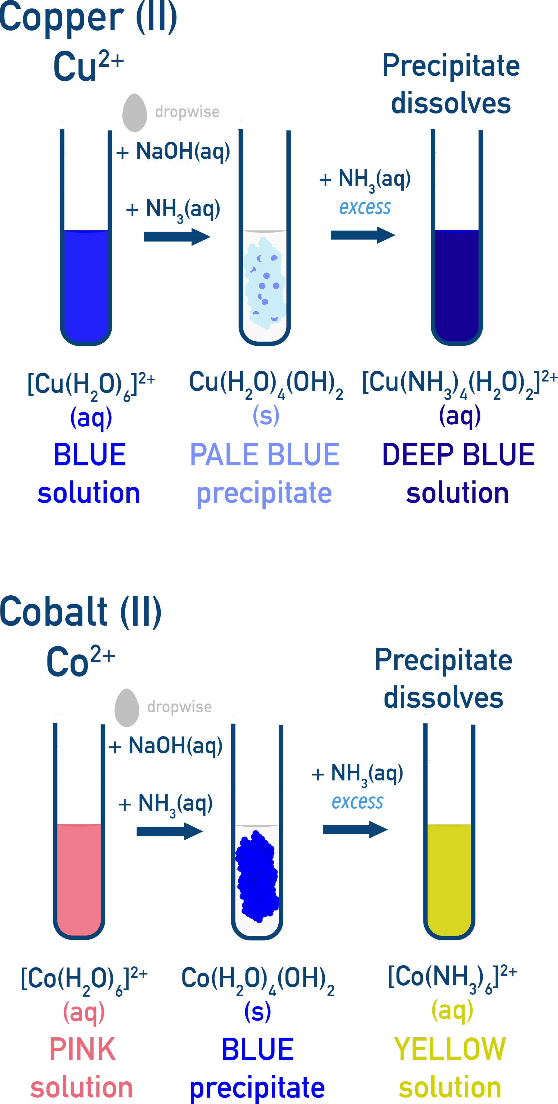 CIE A-Level Chemistry diagram showing ligand exchange effects and colour changes in metal complexes.