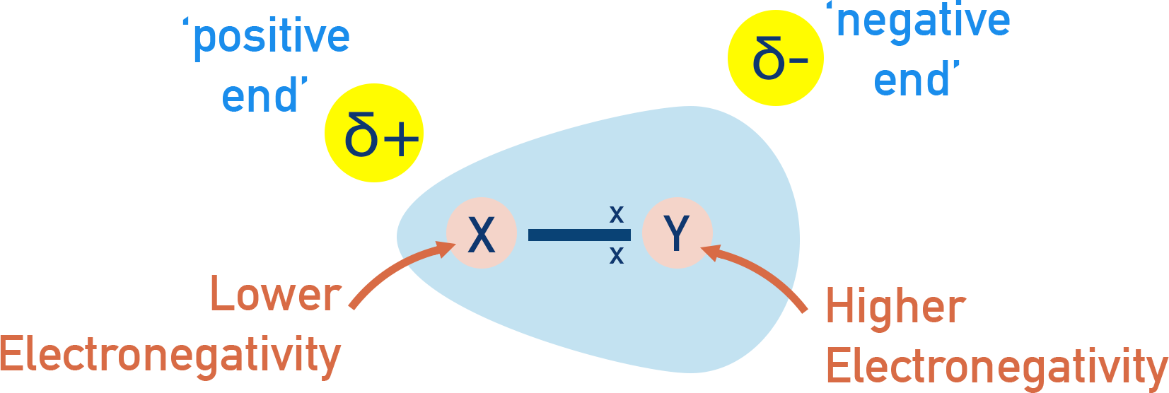CIE A-Level Chemistry diagram showing unequal electron sharing in a polar covalent bond with δ+ and δ- ends.
