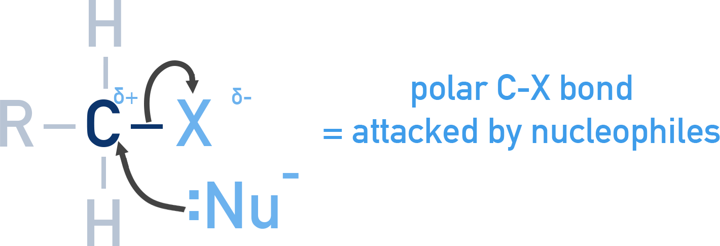 CIE A-Level Chemistry diagram showing polarised C–Cl bond in halogenoalkane where nucleophile attacks the carbon atom.