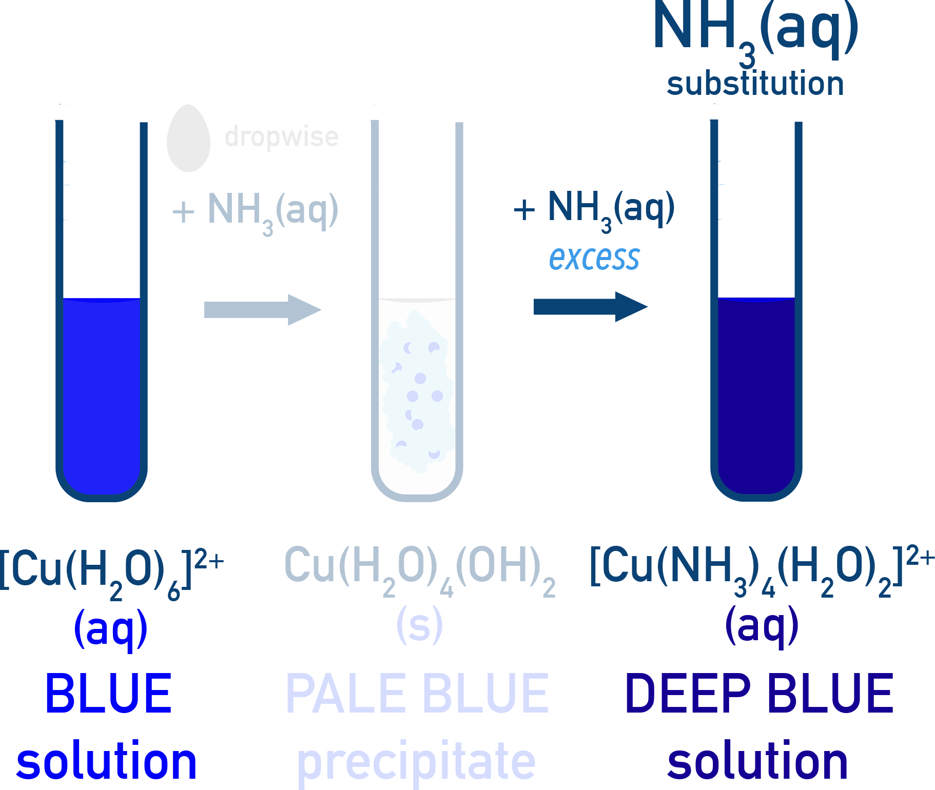 Edexcel A-Level Chemistry substitution of water by ammonia in copper(II) complexes with colour change to deep blue.