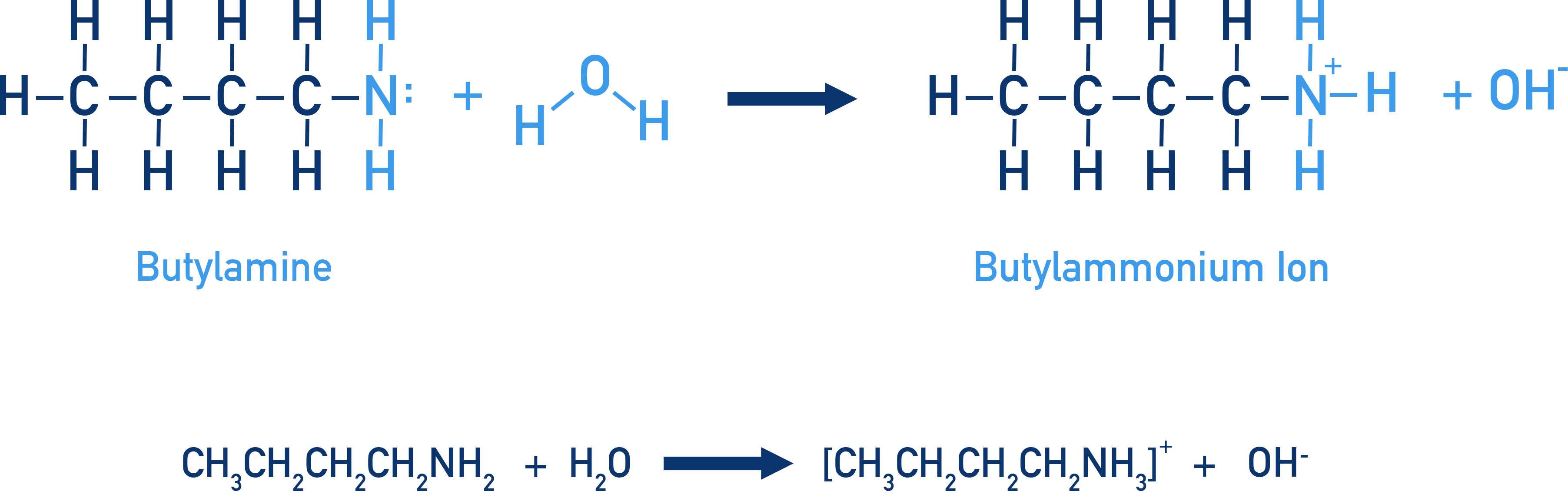 Edexcel A-Level Chemistry reaction of butylamine with water to give an alkaline solution of alkylammonium and hydroxide ions.