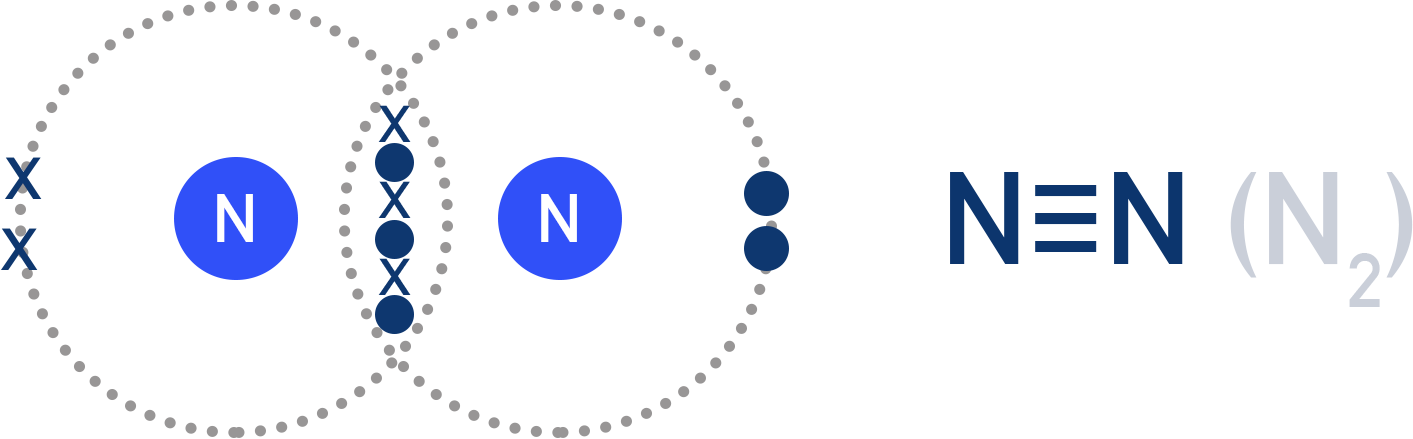Dot-and-cross diagram of nitrogen molecule with triple covalent bond.
