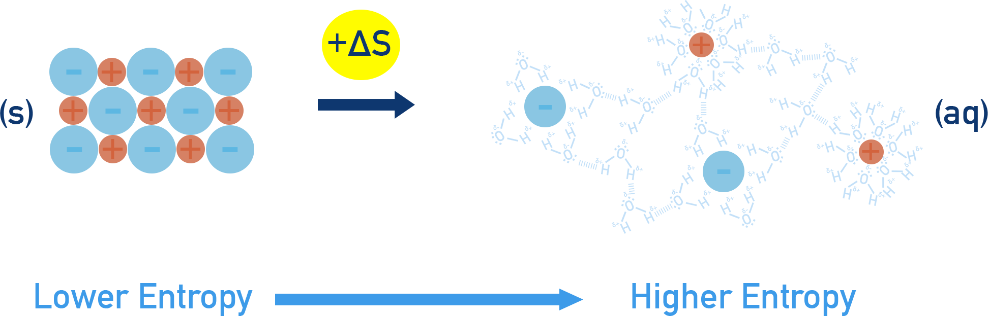 IB HL 1.4.1 Chemistry diagram showing entropy increase when an ionic solid dissolves into aqueous ions.