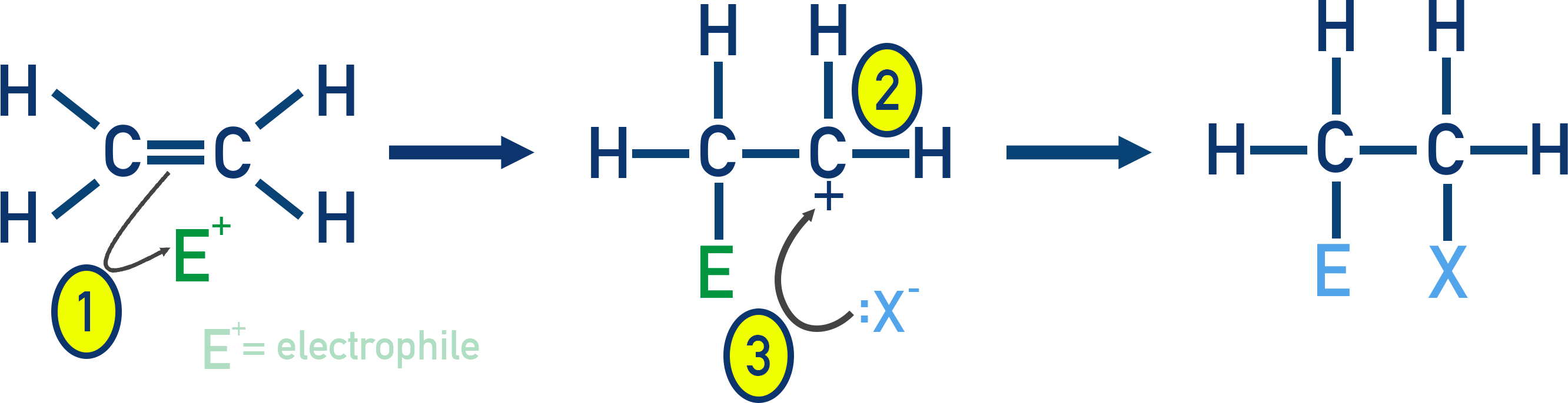 IB Chemistry overview of electrophilic addition to alkenes showing electrophile attack, carbocation formation, and nucleophilic capture.