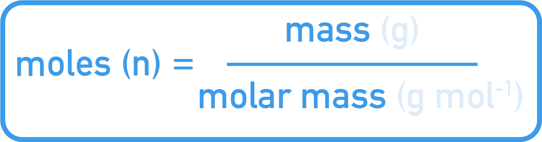IB Chemistry diagram linking moles, mass, and molar mass with n = m divided by M.