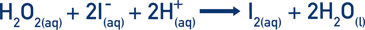 reaction of hydrogen peroxide witgh iodide ions to form iodine and water 2s2o32- + I2 forms S4O62- + 2I-