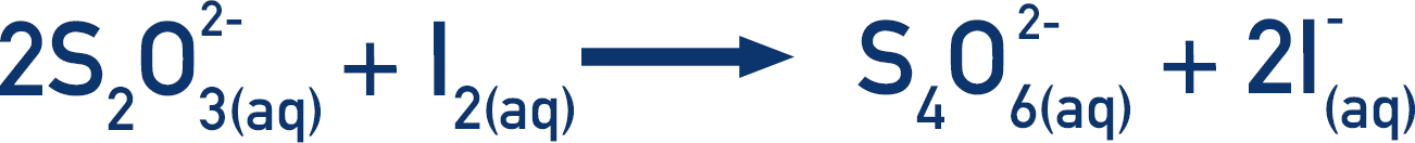 reaction of thiosulfate ions and iodine to form iodide ions 2S2O32- + I2 forms S4O62- + 2I-