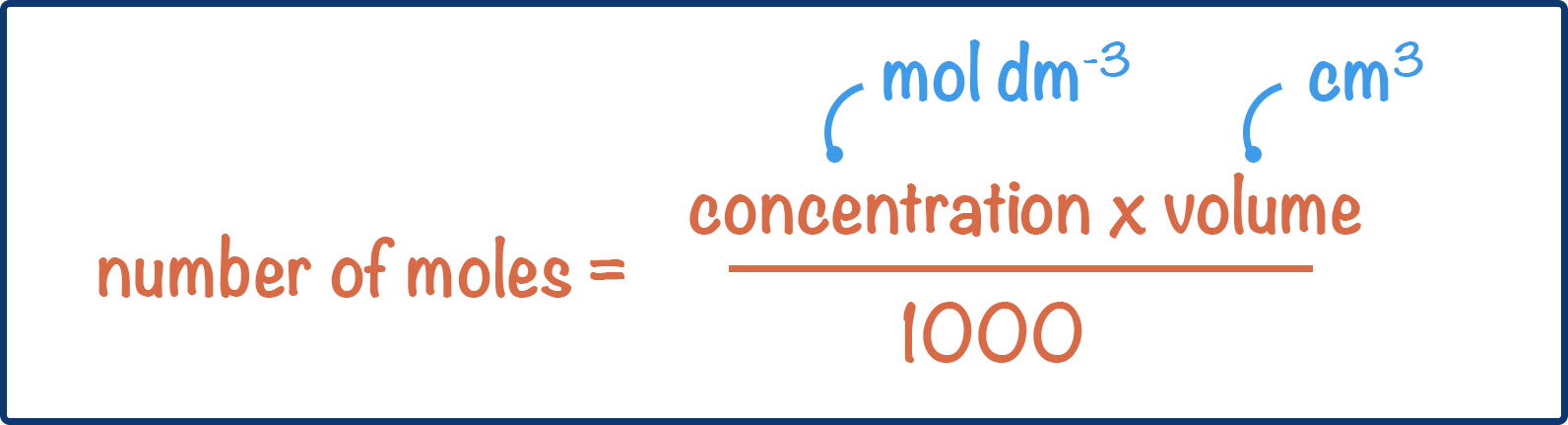 equation for calculating moles from concentration and volume converting cm3 to dm3