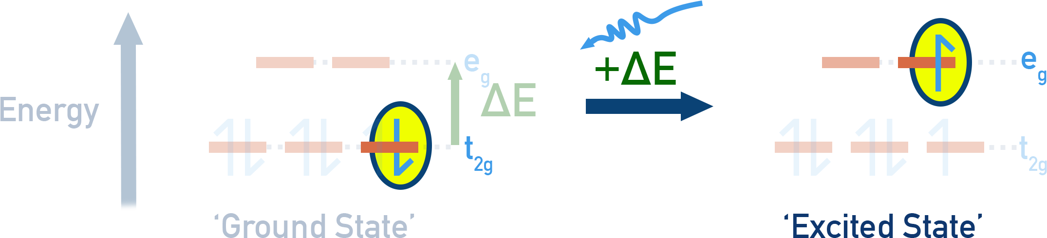 Chemistry schematic showing photon absorption matching Δ and promoting d–d transitions in an octahedral field (NCERT Class 12).